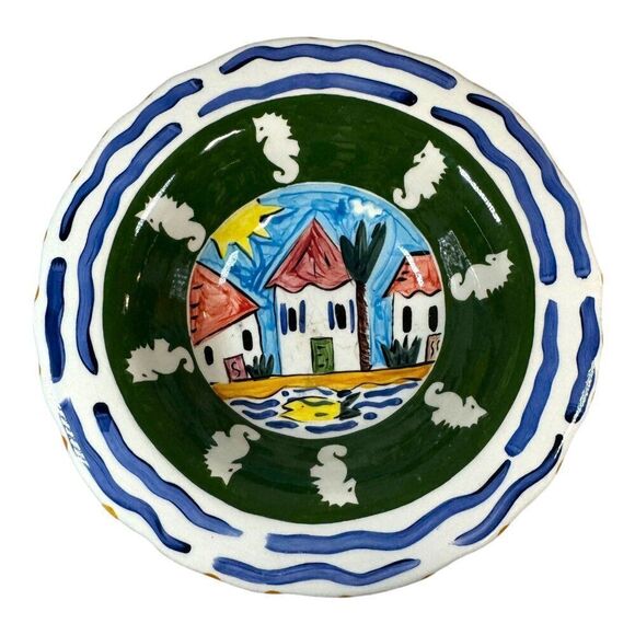 Vintage Mexico Seahorse Hand-Painted Pottery Bowl Coastal Village Design By Wick - Picture 1 of 5